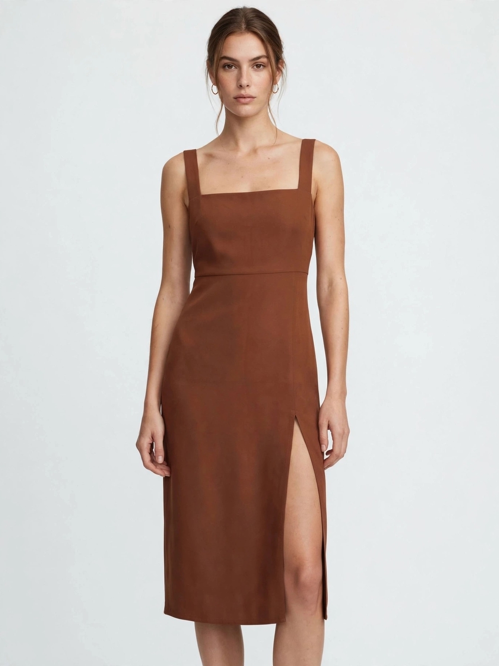 Aritzia Babaton Dress 10 Rusty Orange Slip Midi Square Neck Front Slit